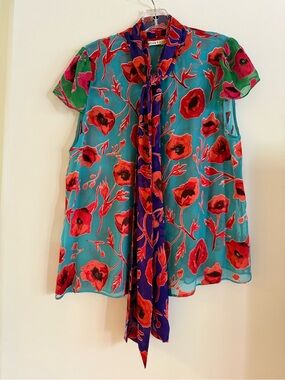 Alice + Olivia Teal Blouse with Red Floral Print and Purple Scarf Tie